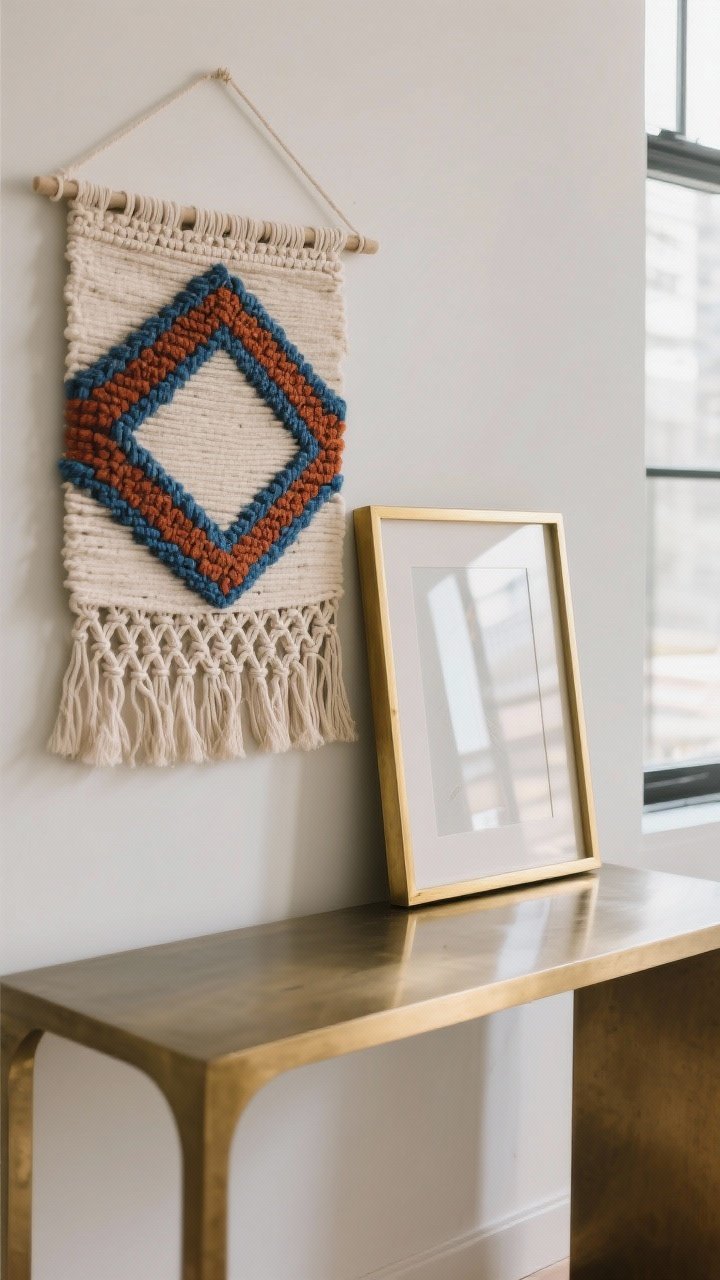 Detail closeup: A layered vignette emphasizing dimension without bulk. A small macramé or kilim textile hangs above a console; art with a limited neutral palette plus one bold accent color (a pop of cobalt or rust) rests on the surface; a metallic brass frame edge catches light beside a matte, non-glare acrylic frame to avoid reflections near a bright window. Focus on textures: woven fibers, matte paper, sleek metal; natural light with controlled glare.