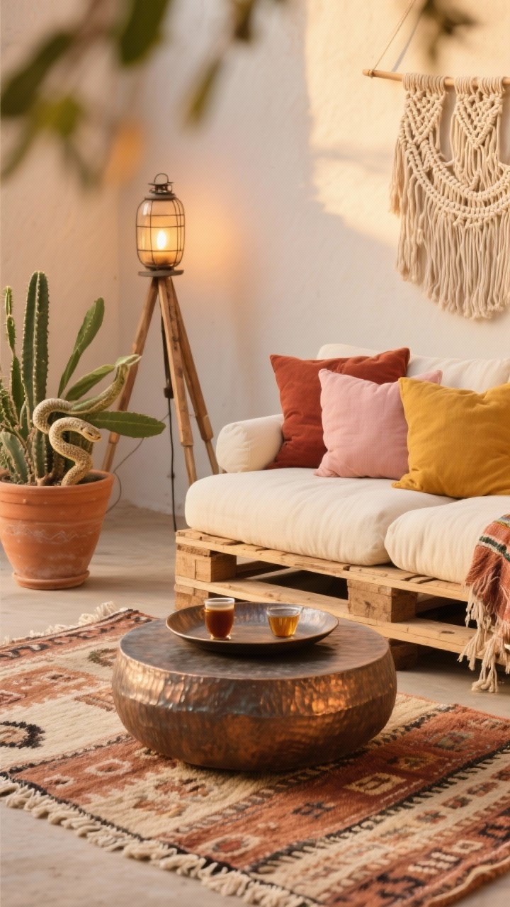 Detail closeup, Desert Boho Lounge textures at golden hour: kilim-style outdoor rug in clay and sand tones fills the frame; edge of a low-profile pallet sofa with ecru cushions; layered pillows in rust, blush, and mustard; terracotta planter with cactus and snake plants peeking in; macramé wall hanging softly blurred in background; round hammered metal tray used as a coffee table with tea glasses; tripod floor lantern casting warm glow; materials macramé, terracotta, raw wood, hammered metal; color story terracotta, blush, mustard, ecru; shallow depth of field.