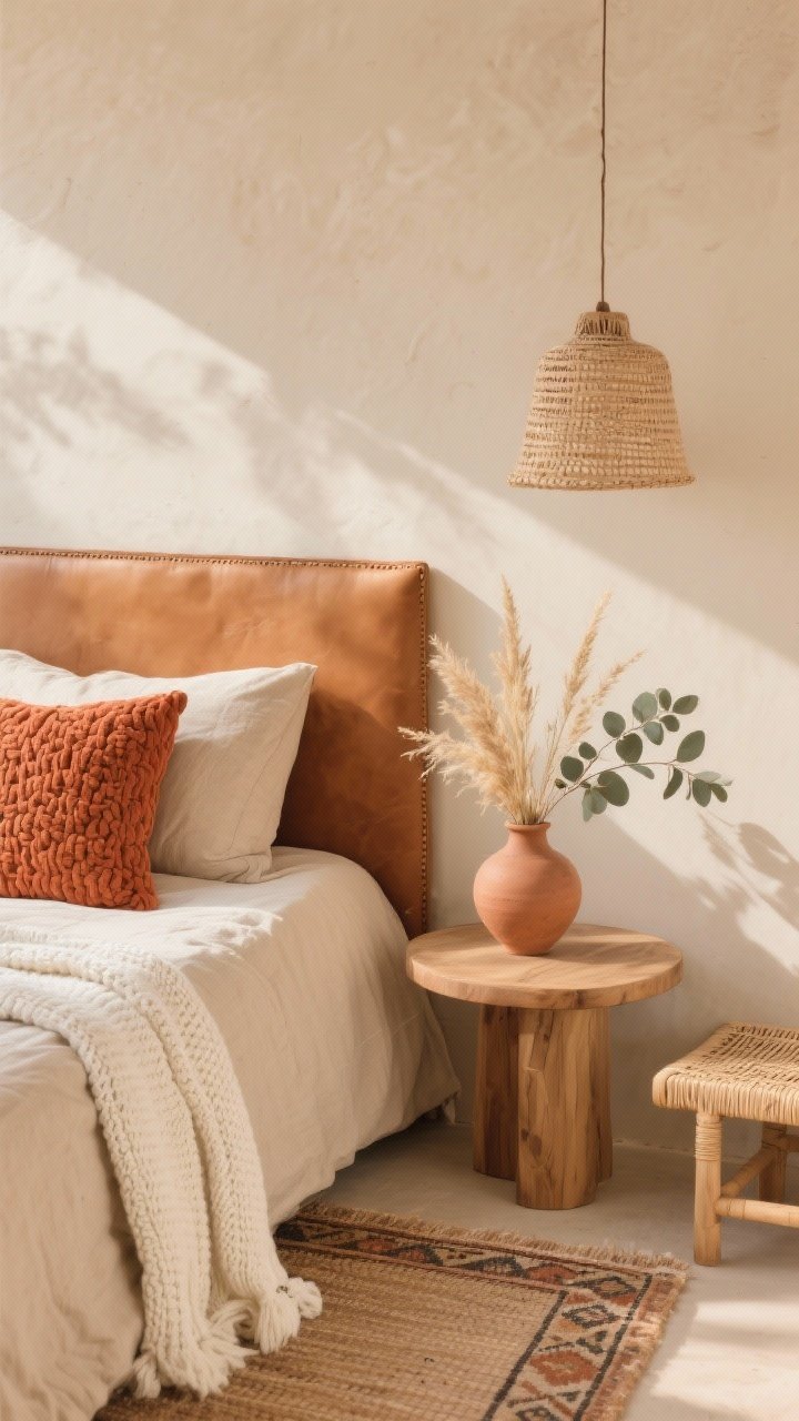 Detail closeup, Desert Minimal textures: sun-softened beige wall backdrop with a camel leather headboard edge in focus, sand-colored linen bedding with visible weave, a terracotta lumbar pillow, chunky knit throw in warm white draped casually, a small clay vase with dried grasses and a sprig of dried eucalyptus on a rounded-edge wood nightstand; hints of a low rattan bench and flat-weave kilim rug pattern at the frame edge; warm afternoon light and soft shadow from a woven pendant overhead; palette of sand, terracotta, camel, and bone.