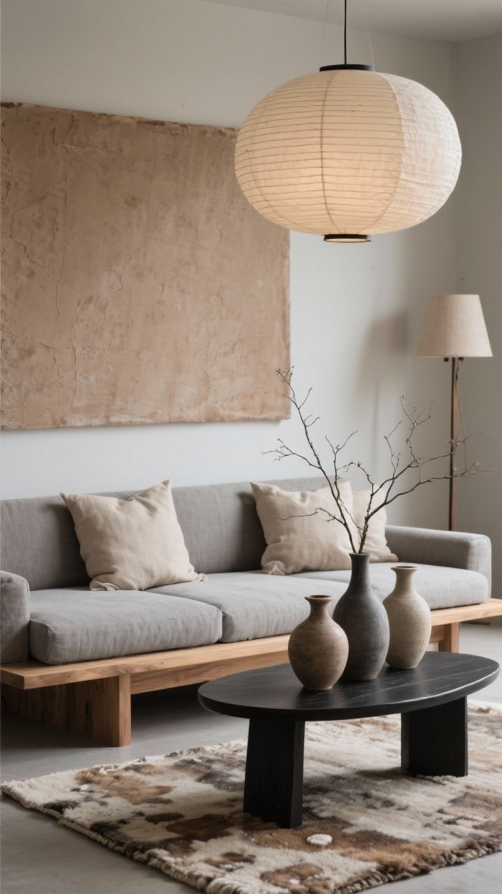 Detail closeup, Earthy Japandi-Boho Blend: low oak platform sofa in stone gray with linen cushions; slim black coffee table with rounded edges; wool rug in mushroom beneath; trio of stoneware vases in smoky neutrals atop the table; simple branch arrangement; oversized rice paper pendant above with soft diffused light; minimal floor lamp in the background; tone-on-tone clay textured canvas on the wall; palette of stone, mushroom, black, clay, natural oak; calm and grounded; no people, photorealistic.