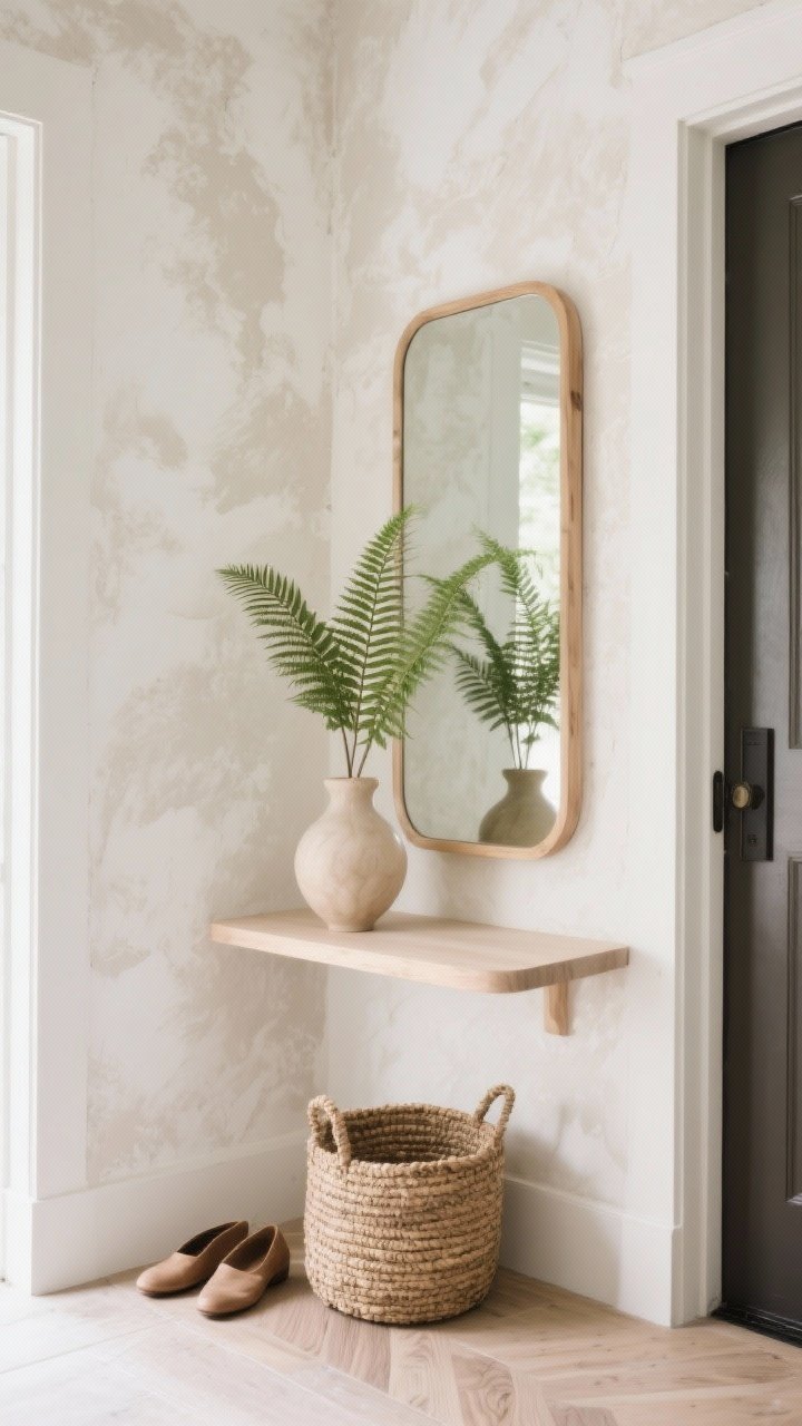 Detail closeup, entryway texture: limewash plaster wall with gentle clouding in ivory and bone catching natural light, next to a tall leaning maple mirror reflecting a green fern. A slim pale-wood console with a single sculptural vase; a handwoven basket on the floor for shoes. Focus on tactile plaster and maple grain, photorealistic.
