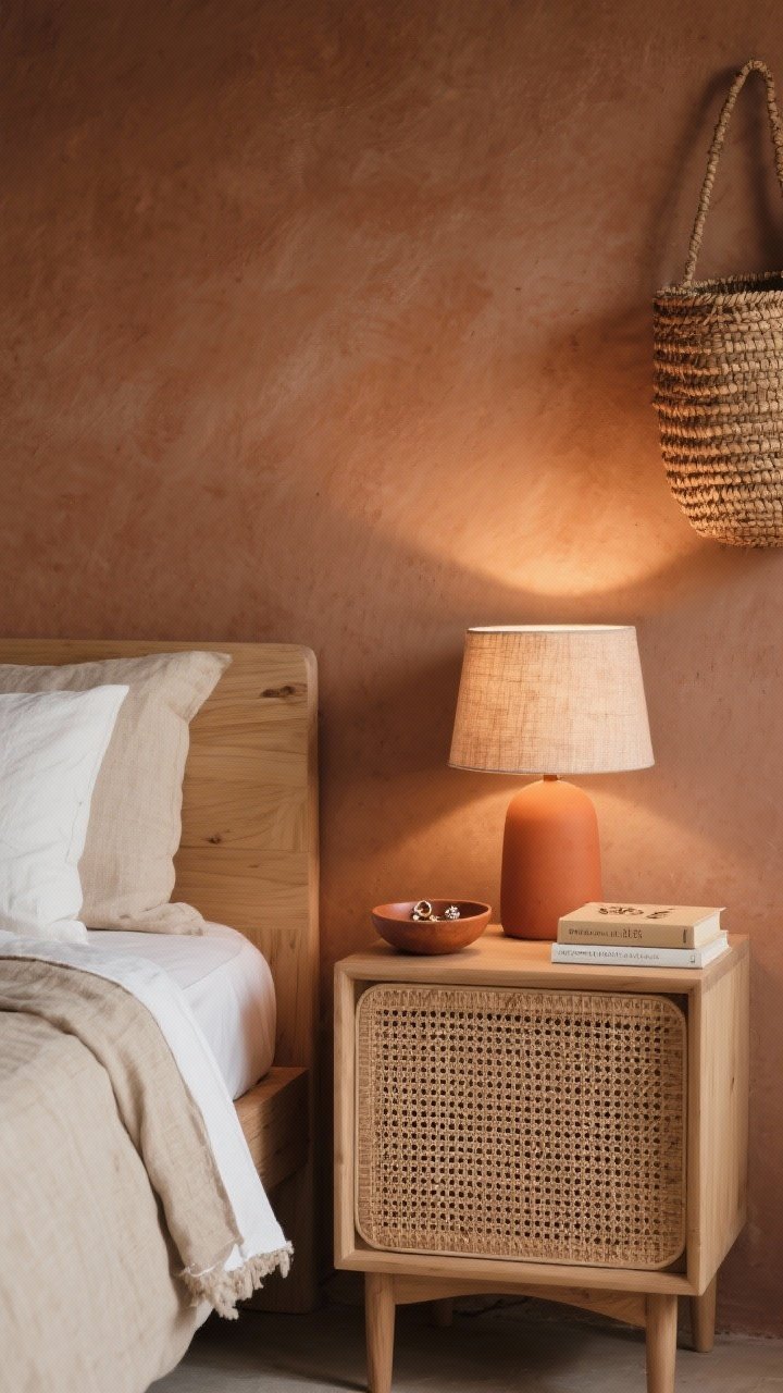 Detail closeup focusing on earthy textures: a clay-toned accent wall behind a simple solid wood bed, cane-front nightstand with a terracotta table lamp glowing warmly; raw linen duvet and pillow edge in frame; on the nightstand, a single bowl for jewelry and a small stack of two well-loved books; include a woven wall basket used as art partially visible; palette of clay, putty, ivory, and natural wood; capture the tactile contrast of rattan, terracotta, and linen under soft evening light