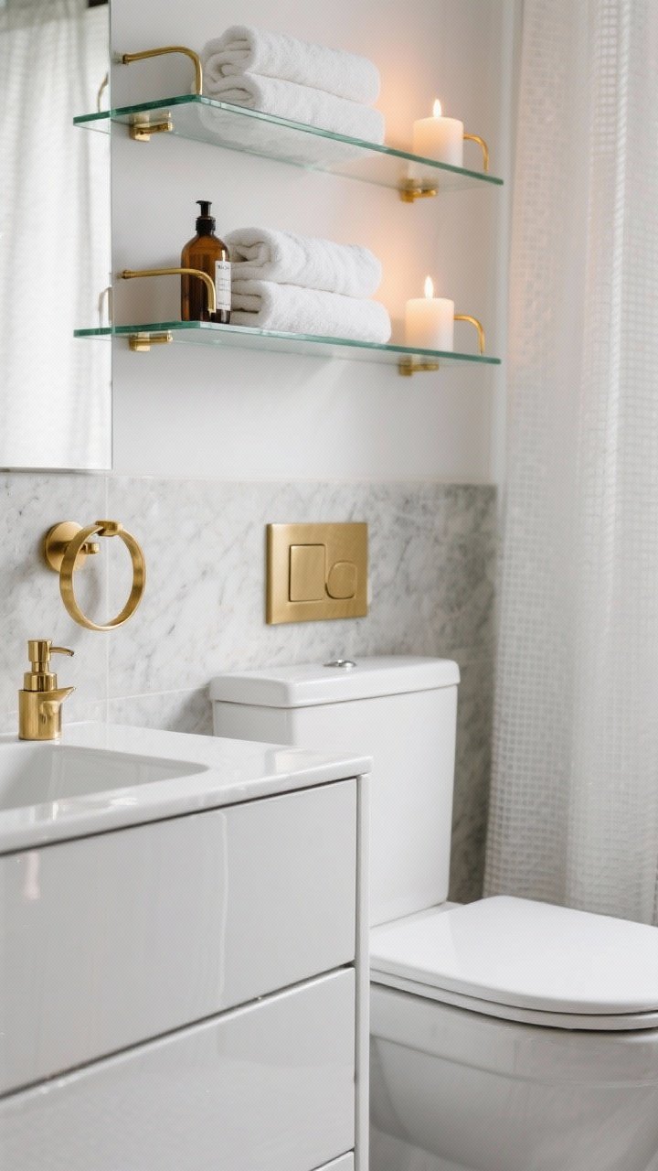 Detail closeup in a glam micro-bath: slim GODMORGON vanity with high-gloss drawers reflecting light, LINNMON glass shelves above the toilet holding folded white towels and apothecary bottles without adding bulk, gold-tone BROGRUND accessories (towel ring, soap dispenser) providing shine, a white waffle FRÄKEN shower curtain softly textured in the background, and a pair of LEDLJUS rechargeable LED candles glowing for spa-night mood; colors of white, brass, and soft gray stone, photorealistic.
