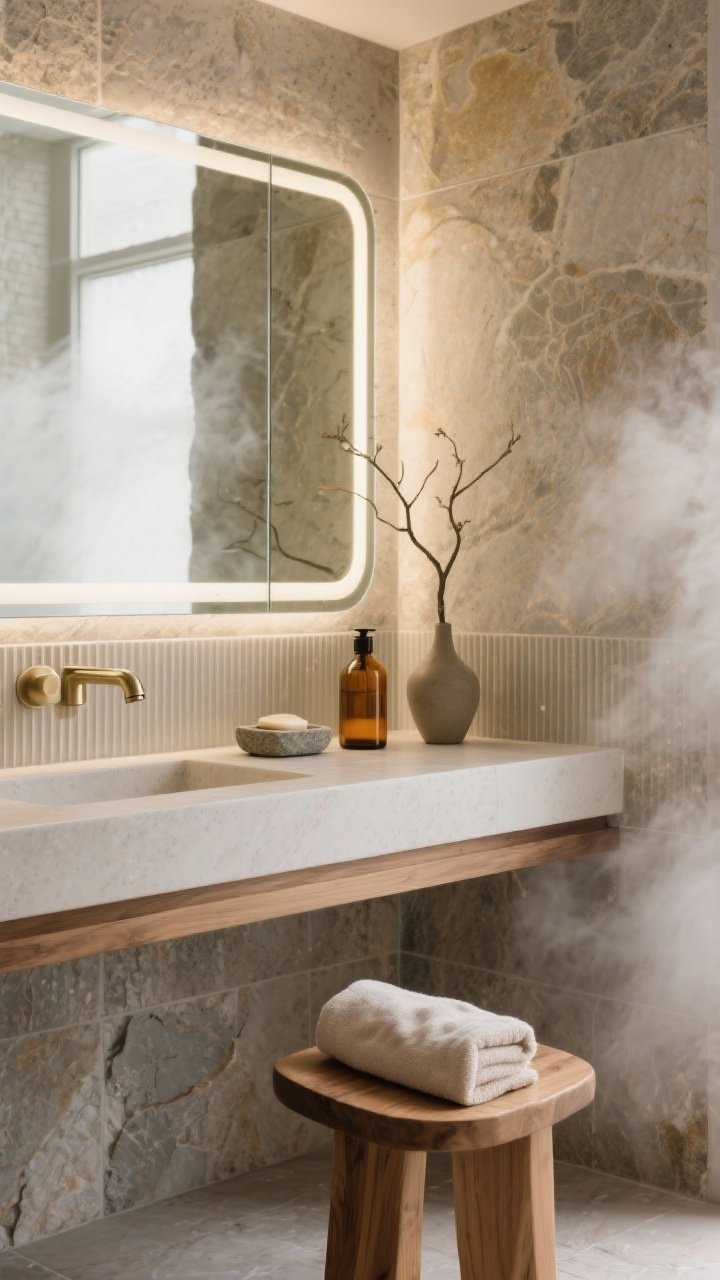 Detail closeup in a stone spa bathroom: large-format stone-look tiles meeting at a corner with subtle texture, frameless glass edge, floating ribbed-oak vanity; rectangular mirror with integrated backlighting creating a halo effect; brushed nickel (or soft brass) faucet, stone soap dish, amber glass bottle, linen hand towel neatly folded; teak stool leg and minimalist vase with a single branch slightly in frame; steamy spa mood, soft even lighting.