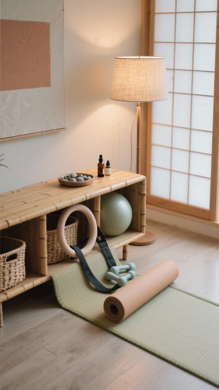 Detail closeup, Japandi Zen Flow Studio: low bamboo console with woven baskets partially pulled out showing a pilates ring, long strap, soft pilates ball, and light ankle weights; rollable tatami-style mat texture over smooth laminate floor; a portion of a paper shoji screen softly backlit; color accents in soft greige, clay, muted sage, and natural wood tones; warm LED floor lamp with a linen shade creating gentle, warm illumination; minimal art edge and a small pebble tray with essential oils nearby; tranquil, minimalist composition focused on materials and calm mood, photorealistic.