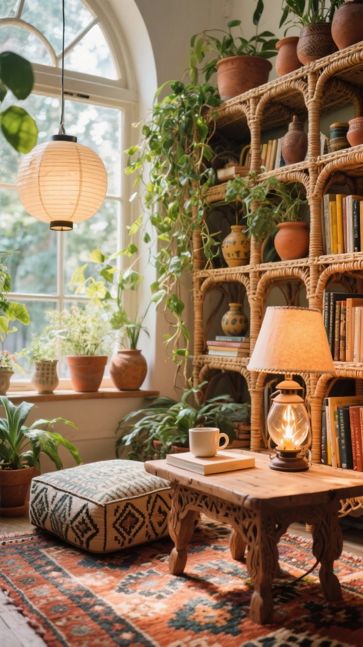 Detail closeup, low angle in a boho bay window greenhouse library: rattan/cane shelving filled with paperbacks and trailing vines; clay pots and hand-thrown ceramics mixed in. Foreground shows a patterned kilim rug, a block-printed floor cushion, and a low carved wood tea-height table with a book and mug. Lighting from a paper lantern pendant and a lantern-style table lamp with a warm bulb; sun-catching prisms scatter soft light. Colors: terracotta, olive, turmeric, natural rattan. Breezy, tactile, plant-filled.