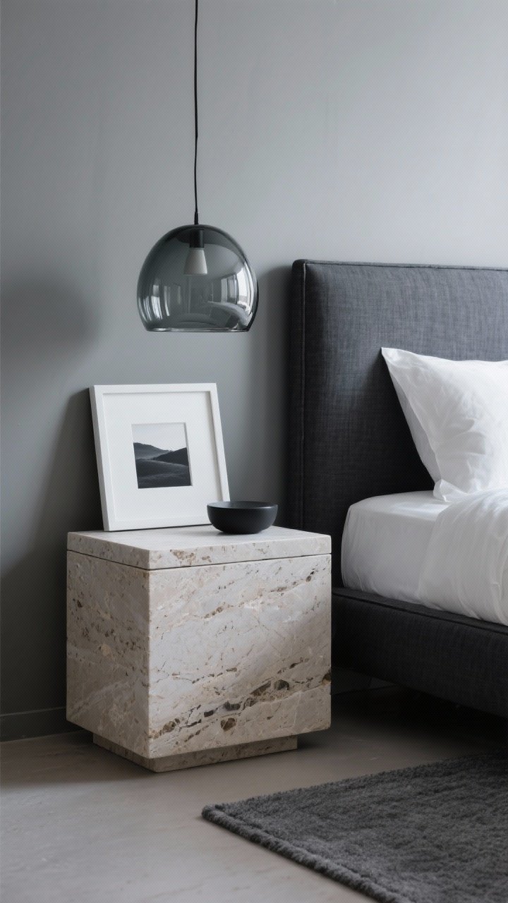 Detail closeup, low angle: One travertine cube nightstand with crisp edges set against a dove gray wall, beside a charcoal linen bed frame with tailored lines. A smoked glass pendant hovers above, reflecting soft highlights. On the nightstand: a white-matted charcoal-toned landscape in a thin frame leaning against the wall, and a minimal soft-black accessory. Bedding is porcelain white, perfectly ironed with sharp corners visible at the edge. A gray wool runner peeks beneath, elongating the perspective. Lighting is moody but balanced, highlighting textures of linen, travertine, smoked glass, and soft lacquer.