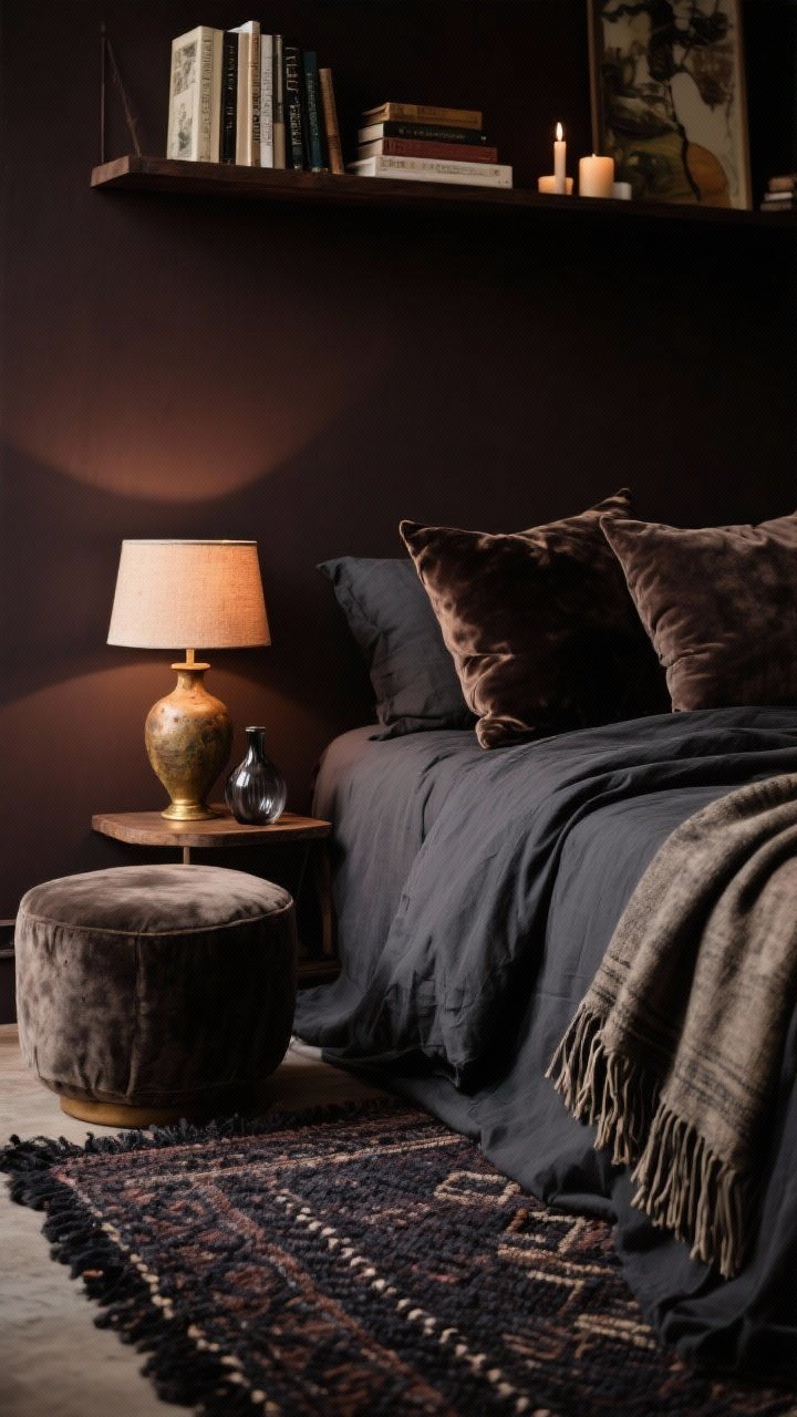 Detail closeup: Moody boho textures against deep chocolate wall. Edge of a charcoal linen slipcovered bed with an inky hand-knotted rug beneath. Velvet pillows, a suede ottoman nearby, and a fringed throw draped casually. Coarse ceramic lamp with a warm aged-brass base and a small smoked-glass vase catching soft ambient light. Shelving edge with books, art, and candles blurred in the background. Cocooning evening mood, photorealistic.