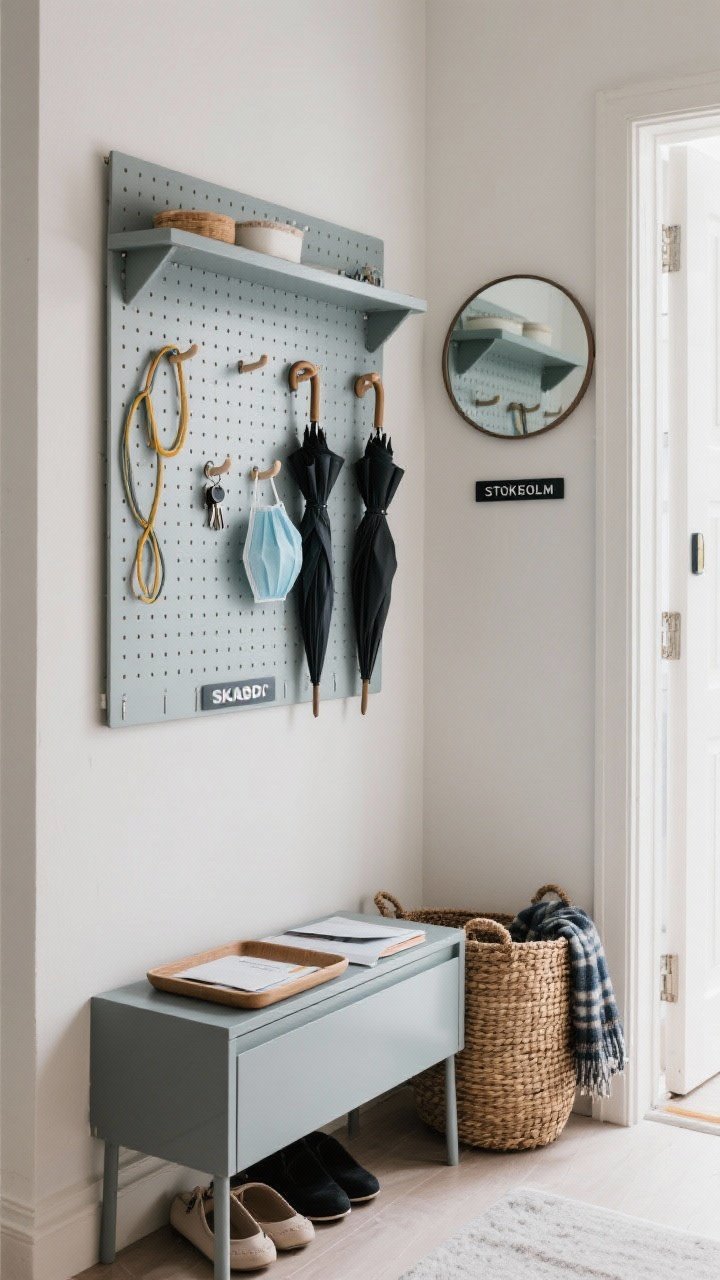 Detail closeup of entryway-turned-mudroom: SKÅDIS pegboards painted to match the wall with shelves, hooks, and elastic bands neatly holding keys, umbrellas, and masks; below, a slim TRONES shoe cabinet topped with a tray corralling mail; a woven TIPHE basket for scarves; STOCKHOLM round mirror reflecting light from a tight hallway; labels on pegboard zones visible; clean, functional styling, neutral wall color, photorealistic.