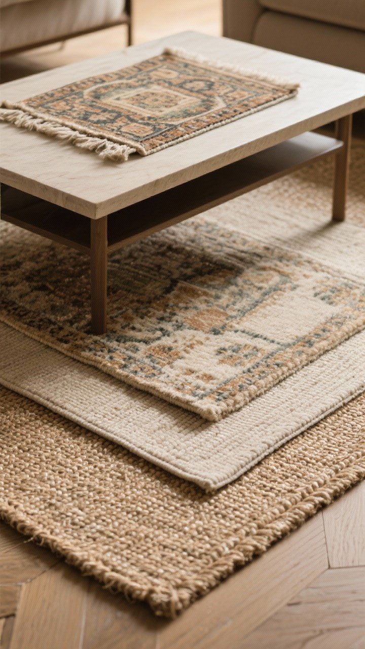 Detail closeup of layered rugs: a neutral flatweave jute base rug in the correct zone size with a smaller vintage wool rug centered under a coffee table. Show tactile contrast—flat base beneath a plush, patterned top; crisp, low-profile layering with top rug edges clear of a nearby traffic path. Include a thin rug pad edge hinted beneath for realism. Warm, intimate lighting highlighting texture depth.