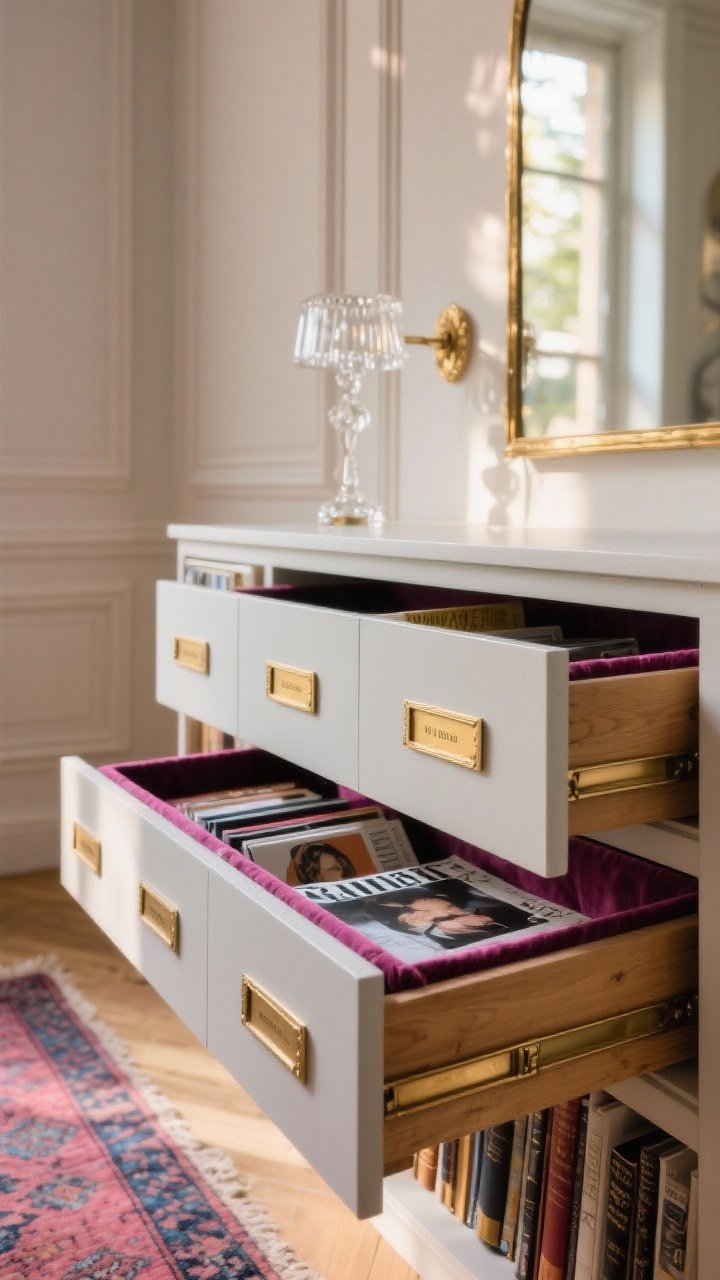 Detail closeup, Parisian loft library drawers: side-pull, shallow velvet-lined drawers that slide from a painted plank platform edged with brass; brass label frames on drawer fronts, open drawer showing magazines and journals arranged like library trays; backdrop hints of soft dove walls with crisp molding and a glimpse of a vintage rug in raspberry and indigo; subtle reflection from a petite crystal sconce and gilded mirror bokeh; warm, late-afternoon light; photorealistic