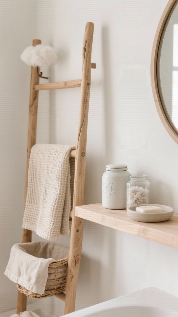 Detail closeup: Scandinavian vignette featuring a blonde oak ladder rack with cloud-soft oat-colored waffle towels draped casually; adjacent floating shelf in pale wood holding two chalky white ceramic jars and a frosted glass canister of bath salts; a round mirror edge in frame, curved matte soap dish on a soft-edge basket below; palette of linen, oatmeal, and pale wood, all matte finishes; soft diffused daylight emphasizing gentle textures.