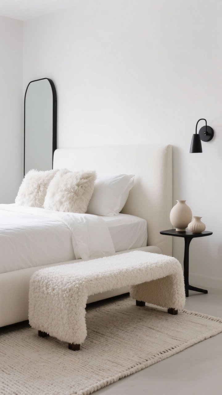 Detail closeup: Serene monochrome textures on a bed in shades of white, cream, and bone. Low ivory upholstered headboard, tone-on-tone flat-weave rug visible at the edge. Shearling pillows, a bouclé bench in front, and raw-edged sculptural ceramics on a slim black side table. In the background, matte black accents—thin-frame mirror and slim black sconce—add contrast. Soft, even daylight for calm minimal mood, photorealistic.