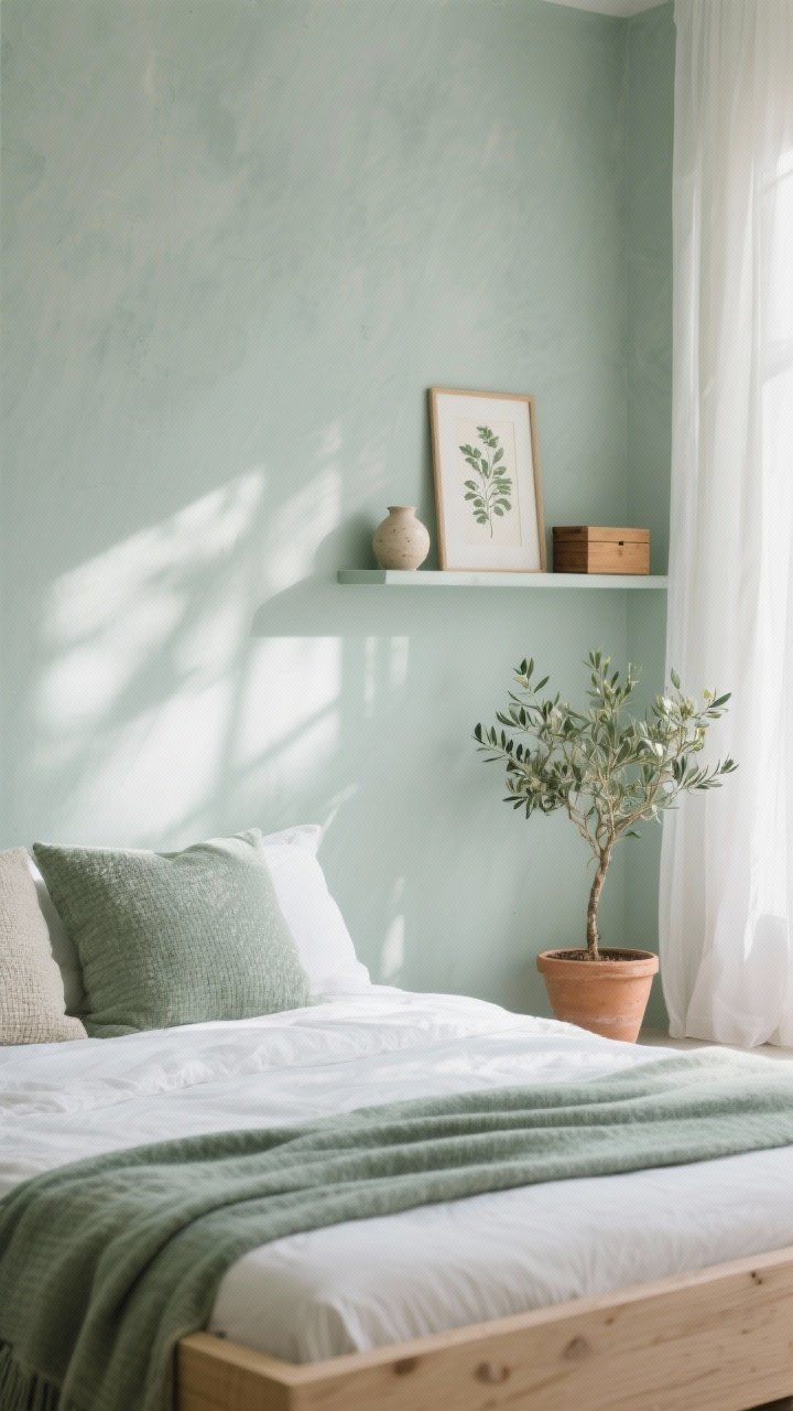 Detail closeup, soft daylight focus on “Soft Sage & Natural Light”: misty sage wall backdrop with sunlight filtering through sheer white curtains, a light ash bed edge with crisp white bedding, a folded sage-hued throw and two textured pillows layered at the foot, a simple wall shelf above displaying three items—a small ceramic, a framed botanical print, and a small wood box—plus a tiny olive tree in a clay pot perched nearby; gentle, airy, photorealistic.