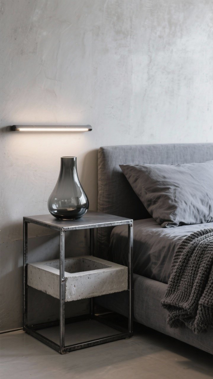 Detail closeup: Soft industrial vignette showing a raw metal nightstand beside a low charcoal platform bed dressed in stone gray linen; a knit throw pooled softly, a smoked glass vase catching subtle reflections, a linear LED wall light casting an even, glare-free line of illumination on a concrete catchall; limited metal finishes (blackened steel and brushed nickel) visible; restrained, sleek, photorealistic.