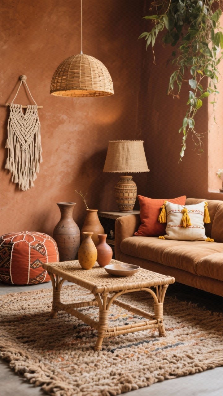 Detail closeup, tactile focus: An earthy boho nest vignette showing a rattan coffee table on a chunky woven rug, with camel microfiber sofa edge in frame. Scatter pillows in terracotta, saffron, and cream with tassels and embroidery. Include a corner of warm clay or cinnamon-toned wall with macramé hanging, a vintage kilim pouf, and a cluster of ceramic vases in earthy glazes; soft, layered lighting from a rattan dome pendant and a burlap-shade table lamp, with trailing plants nearby.