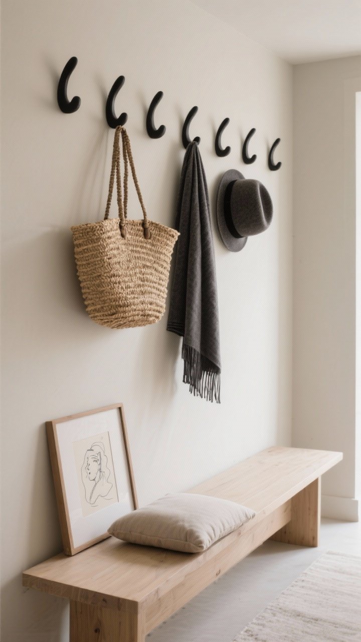 Detail/medium hallway vignette: row of sculptural wall hooks (matte black) spaced generously on a neutral wall. Hung items: a straw market bag, a charcoal scarf, a felt hat—carefully edited. Below, a narrow light-ash bench with a single cushion; a small framed sketch leaning casually on the bench. Soft side light, functional beauty, photorealistic.