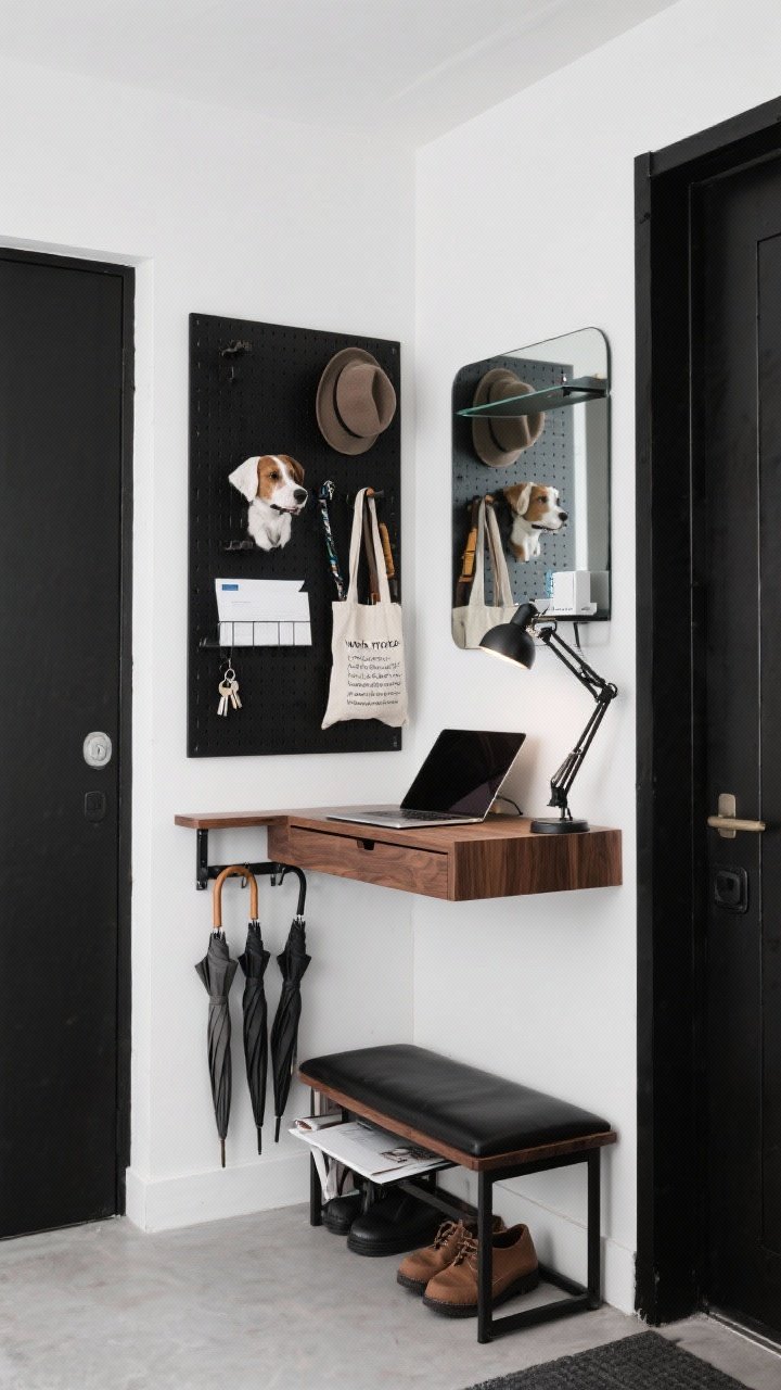 Detail/medium hybrid — Industrial-minimal entryway that doubles as a mini office; straight-on view of a wall-mounted console shelf with a slim drawer holding keys and mail, a folding laptop ledge clipped onto the console in “work mode,” and a clamp lamp providing task light; below, a narrow shoe bench with flip seat open to show umbrella storage; matte black pegboard panel vertically arranged with hats, dog leash, and tote bags; full-length mirror with a micro shelf discreetly concealing a Wi-Fi router; tight palette of black, walnut, and white; crisp, photorealistic.