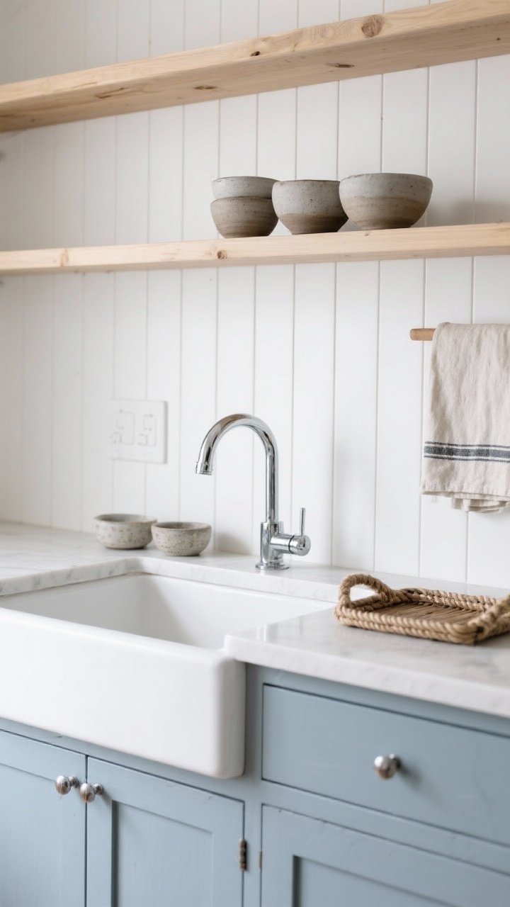 Detail/medium vignette from countertop height: Soft blue-gray base cabinets with bleached oak open shelves above, a white beadboard backsplash, white apron-front sink, streamlined chrome bridge faucet, small cluster of stoneware bowls, a linen tea towel draped casually, and a rope-handled tray; restrained Nordic coastal palette, airy and breezy.