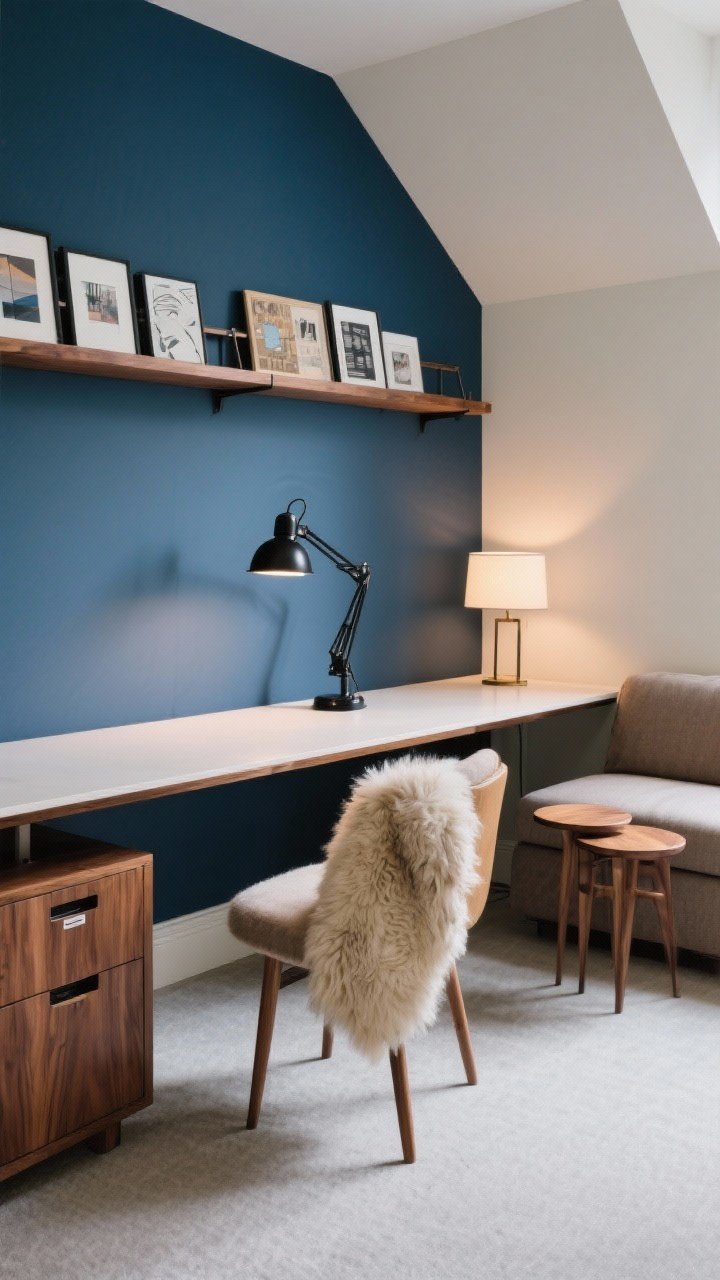 Detail-oriented medium shot, photorealistic: Bay-to-Desk Hybrid Office. A waterfall desk centered on the main wall with an adjustable matte-black task lamp; desktop is clean, supported by a low walnut credenza with hidden files nearby. In the angular alcove, a petite settee with a plush sheepskin drape forms a lounge-and-idea zone next to a nesting side table. Picture-rail shelving above the settee displays rotating inspiration. Palette: ink blue, pale putty, walnut, matte black; mixed lighting with focused task light at the desk and a soft-glow floor lamp in the alcove.
