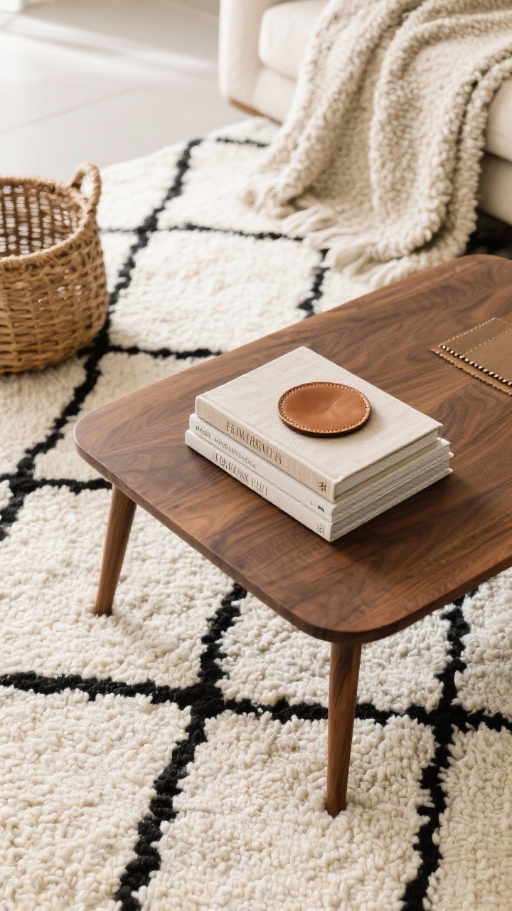 Detail overhead shot of layered pattern and texture: a low-pile rug in cream with crisp black geometric lines, topped with a walnut coffee table; on the table, a linen-bound book stack and a leather coaster; adjacent textures include a swatch of nubby bouclé throw and a small woven rattan basket; neutral tones with one hero graphic pattern, softly diffused daylight to highlight tactile surfaces without clutter.