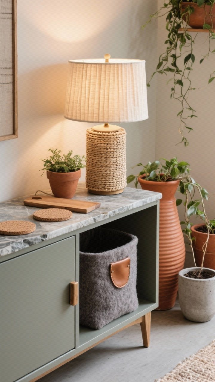 Detail shot: Functional essentials with tactile upgrades on a small console—linen drum table lamp with a pleated shade casting warm, soft diffusion; woven basket for storage tucked below, felt bin on a lower shelf, and leather cabinet pulls visible on a small unit; tabletop layered with stone coasters, a cork trivet, and a wood board; nearby planters in terracotta, ribbed ceramic, and small concrete pot with trailing vine; close, crisp focus on textures, warm ambient lighting, photorealistic.