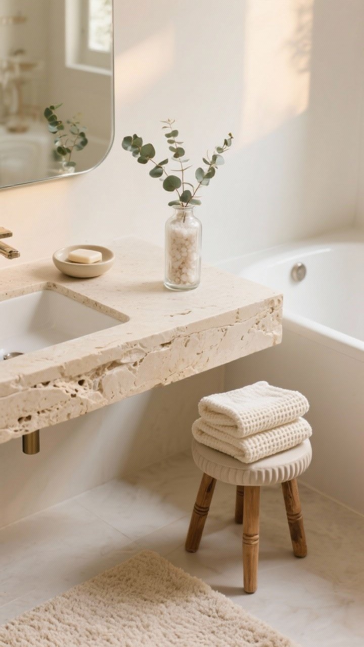 Detail shot in spa-like bathroom: closeup of a beige/travertine stone-look vanity surface with a ceramic soap dish and a single glass canister of bath salts; a fluted wood stool beside the tub holding neatly folded ecru cotton waffle towels; frameless mirror edge catching soft warm light; creamy bath mat visible at bottom of frame; eucalyptus sprig in a small bud vase; palette of ecru, stone, warm white; serene, photorealistic.