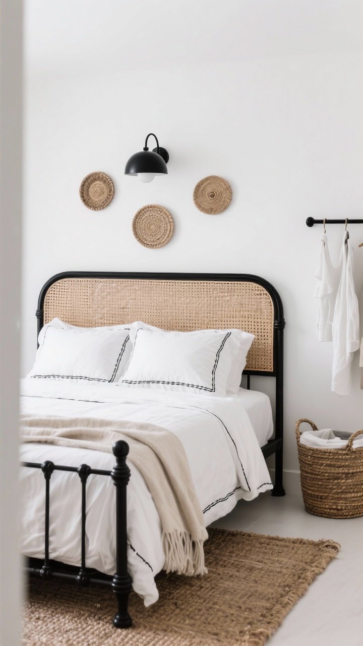 Detail shot, straight-on focus on “Black, White & Woven” bed wall: white walls, a black metal spindle bed framed by a mounted woven headboard panel in rattan/cane adding texture; white bedding with black stitched details and a sandy cotton throw layered at the foot; to the side, a narrow black clothing rail with a few minimalist garments and a woven lidded basket for laundry; jute rug edge visible, black dome sconce above, and a trio of small woven wall plates arranged asymmetrically; crisp contrast, cozy textures, photorealistic.