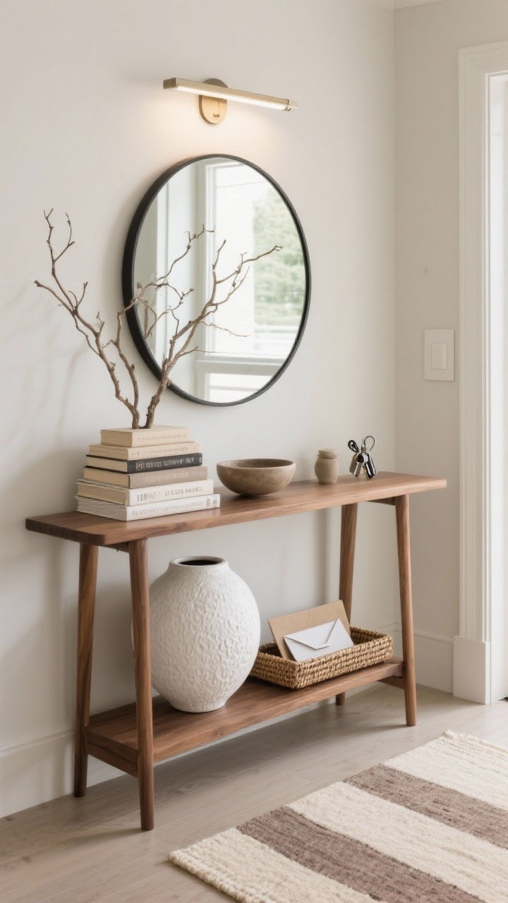 Detail vignette of tone-on-tone entry: slim oak console with a round mirror above (brushed nickel or black frame); stacked neutral coffee-table books varying height; a large plaster-white textured vessel centered, holding sculptural branches; shallow catchall bowl for keys and a woven tray for mail; low-pile beige-and-taupe runner grounding the scene; slim picture light above mirror; clean, balanced styling; straight-on, photorealistic.