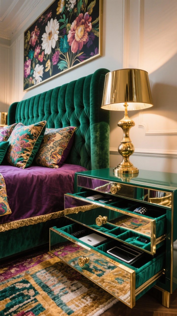 Low angle closeup, maximalist glam base: toe-kick drawers with mirrored faces reflecting layered rugs, opening via push-latch to reveal velvet-lined compartments for accessories and tech; jewel-tone palette of emerald, amethyst, and antique gold; glimpse of a velvet channel-tufted headboard, patterned silk pillows, brass mushroom lamp on a lacquered nightstand, and a bold floral print above; dramatic, luxe lighting with soft highlights; photorealistic