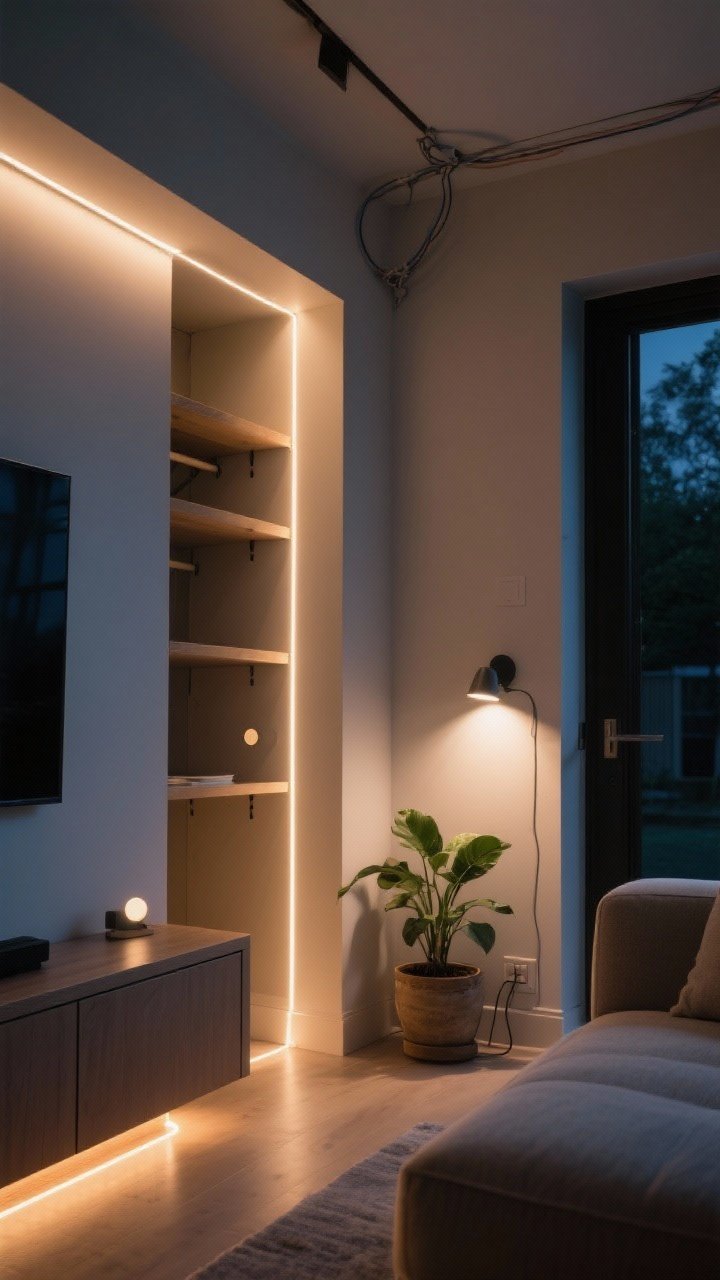 Low angle corner detail — Dead zones illuminated: warm LED under-cabinet strips in a compact media console, motion-activated LED pucks inside a small closet with shelves, soft LED tape light under a sofa base creating a floating halo, and a tiny spotlight grazing a potted plant for depth; tidy entry edge visible and bright; cables hidden; nighttime photorealistic scene emphasizing how lit corners expand the space.