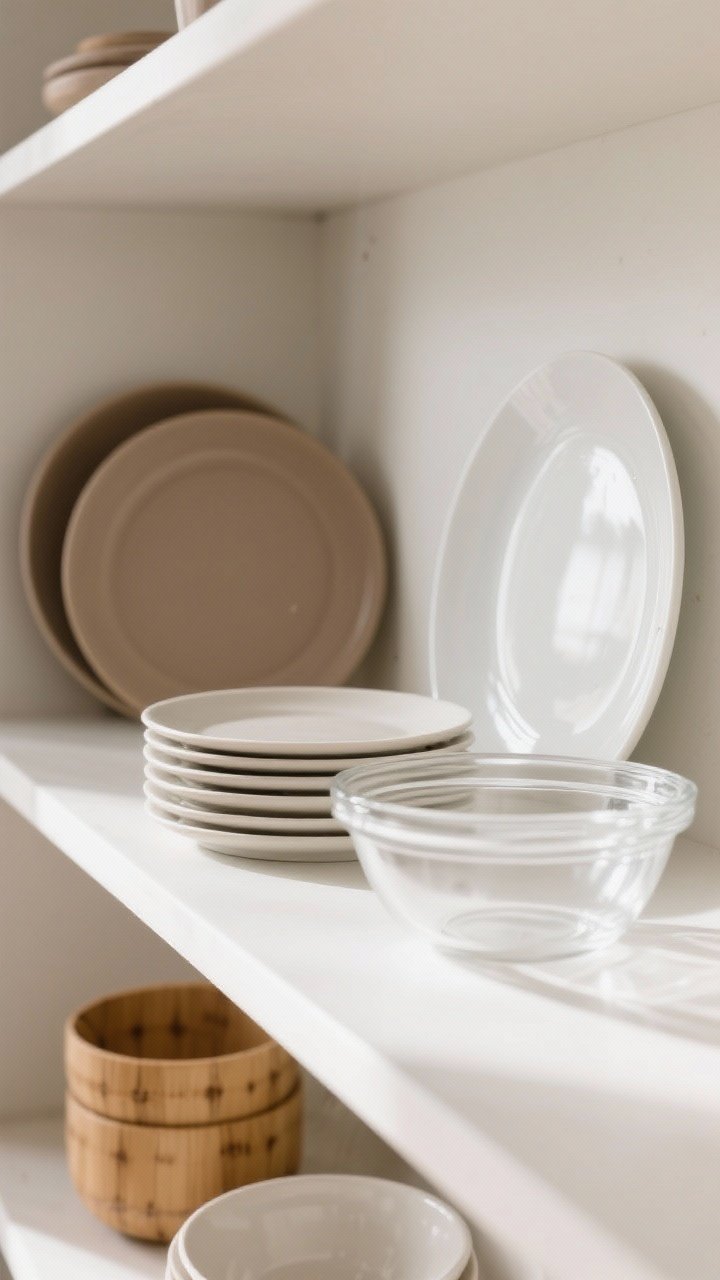 Medium-angle shelf scene showcasing materials that make small spaces feel bigger: thin white porcelain plates (elegant, lightweight), slim-profile stoneware in warm taupe matte, a small stack of bamboo/melamine plates for outdoor vibes, and clear borosilicate glass bowls with fitting lids. Mix matte and gloss finishes in the same neutral color family for depth. Minimalist, modern styling, bright diffuse daylight to emphasize airy feel, textures visible up close.