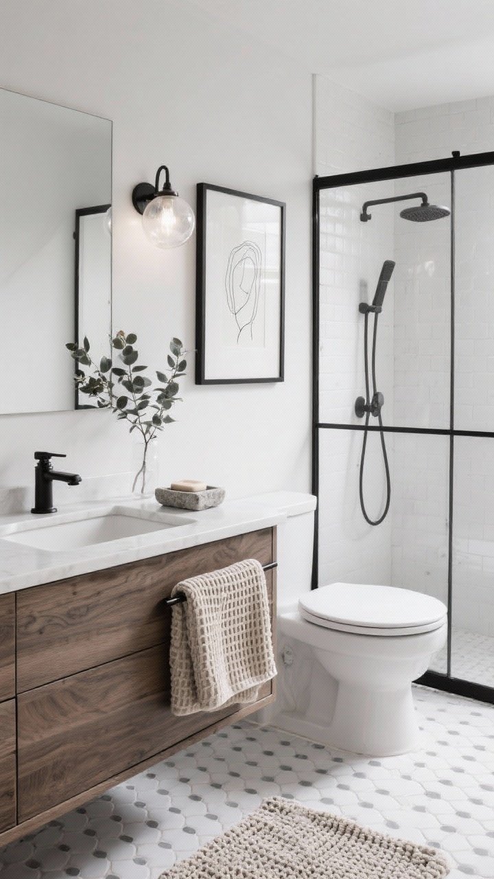 Medium bathroom shot, black-and-white softened: white penny tile floors with gray grout, slim black-framed shower screen; oak vanity drawers with a matte black faucet; beige waffle towels neatly folded, chunky cotton bath mat, stone soap dish on the vanity; framed line drawing over the toilet; frosted globe sconce casting flattering light; eucalyptus stem adding spa energy; crisp yet warm, photorealistic.