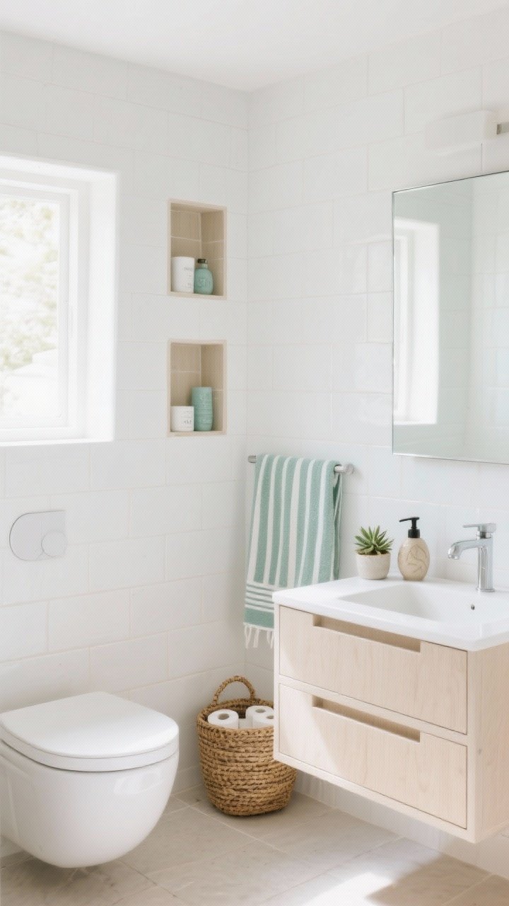 Medium closeup — Coastal calm bathroom vignette with soft white tiles and sandy grout; corner shot capturing tiled wall niches in the shower neatly holding essentials, a floating vanity with two deep drawers, rimless mirror cabinet for hidden storage; wall-hung toilet revealing more floor; color story of white, pale beige, and a whisper of sea glass green via a small accessory; thin striped Turkish towels hanging, a ceramic soap pump, a tiny succulent, and a woven basket for spare rolls; serene spa-like daylight, photorealistic.