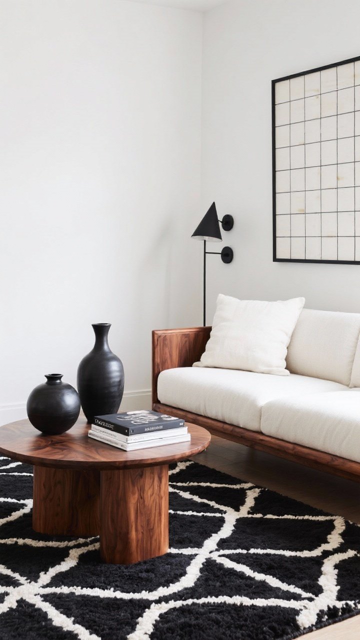 Medium closeup focusing on graphic pattern and wood tones: the corner of a walnut-frame sofa with crisp ivory cushions sitting on a geometric wool rug in black and off-white. Include a round walnut coffee table with two black pottery vases and a stack of design books. On the wall, a grid-style art print and nearby black cone sconces. Lighting clean and even to emphasize contrast. Tailored, modern, confident.