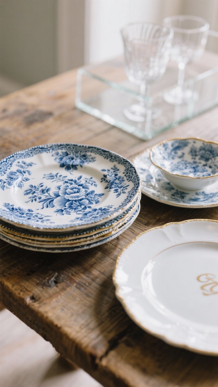 Medium closeup of patterned vintage plates arranged on a rustic wood table: blue-and-white transferware dinner plate, chintz floral dessert plate stacked above, and a white plate with a delicate gilded rim and faint monogram off to the side; composition highlights pattern interplay with the busier pieces used as accent plates; gentle afternoon light glancing across glossy glaze and gilt edges; background blur of modern clear glass to show versatility.