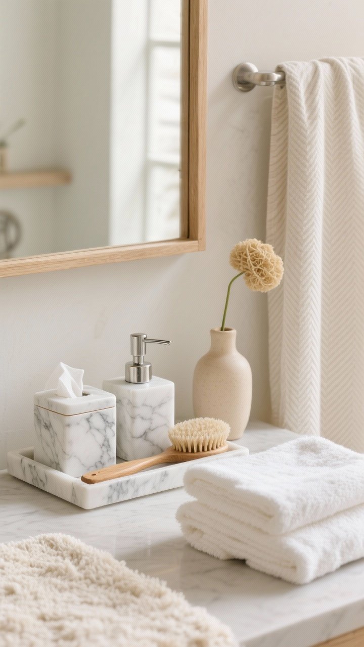 Medium closeup: Organic luxe vignette of white marble accessories with soft veining—soap dispenser, tray, canister set—styled with a wooden bath brush and natural loofah for tactile contrast; thick ivory linen-blend towels folded nearby, plush cream rug edge in foreground; pale oak framed mirror above; matching veined marble tissue box, beige ceramic bud vase with a single stem, and a neutral linen shower curtain with faint herringbone texture in background; warm, quiet morning light.