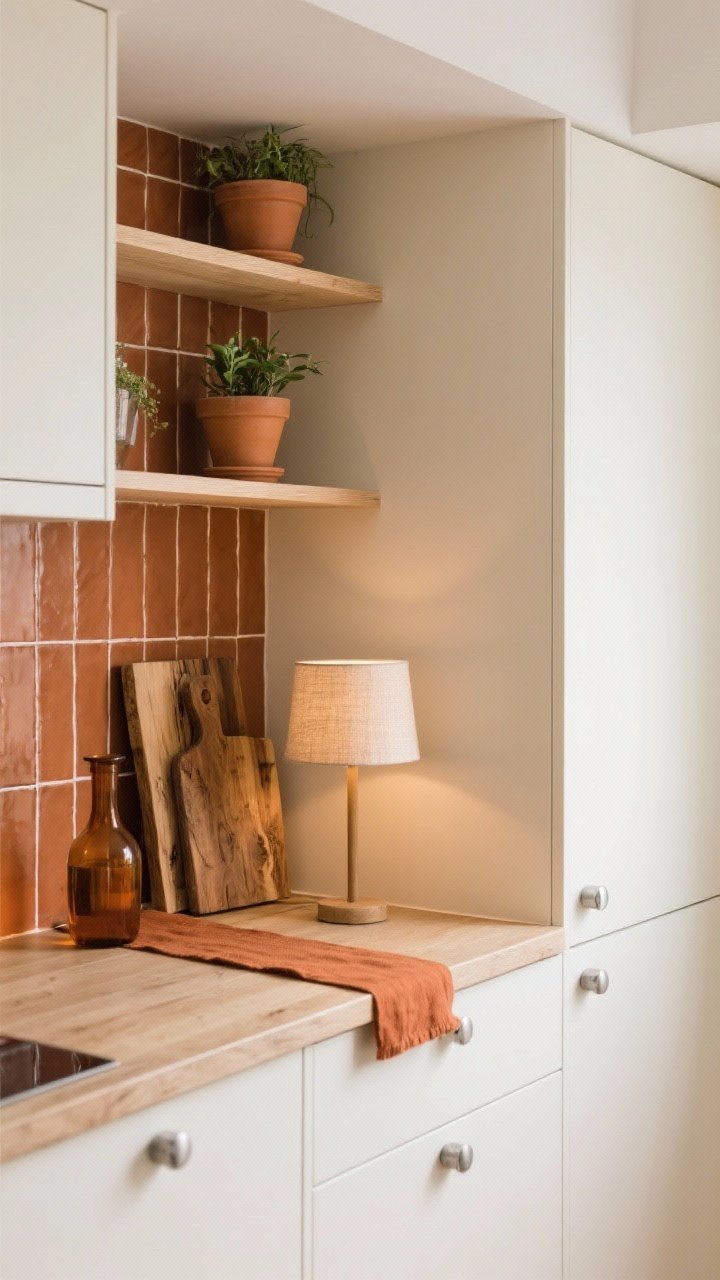 Medium closeup vignette with warm light: Warm white cabinets, terracotta tones introduced via a narrow zellige backsplash and a couple of terracotta planters on an open shelf, light oak counter with cream grout, matte stainless hardware, a mini table lamp with a soft-beige linen shade glowing in the corner, a terracotta-toned runner, olive wood boards leaning, and an amber glass carafe; earthy, cozy, airy Nordic warmth.