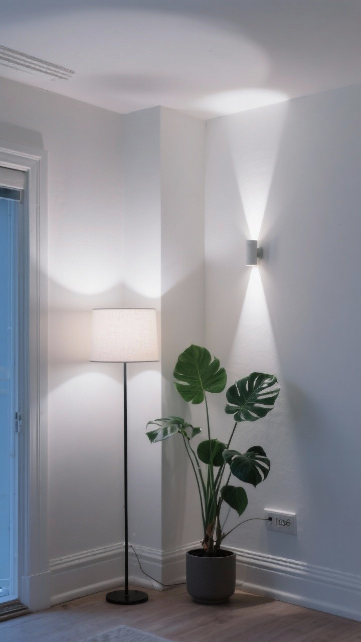 Medium corner angle — A small apartment corner transformed to “raise” the ceiling: a slender tall floor lamp with a high shade, a minimalist wall sconce that washes light upward, and a discreet uplight tucked behind a fiddle-leaf plant, all directing glow vertically; eggshell/semi-gloss painted ceiling subtly reflecting light for airy vibes; clean white walls, soft shadows elongated up the wall, no clutter, photorealistic twilight lighting.