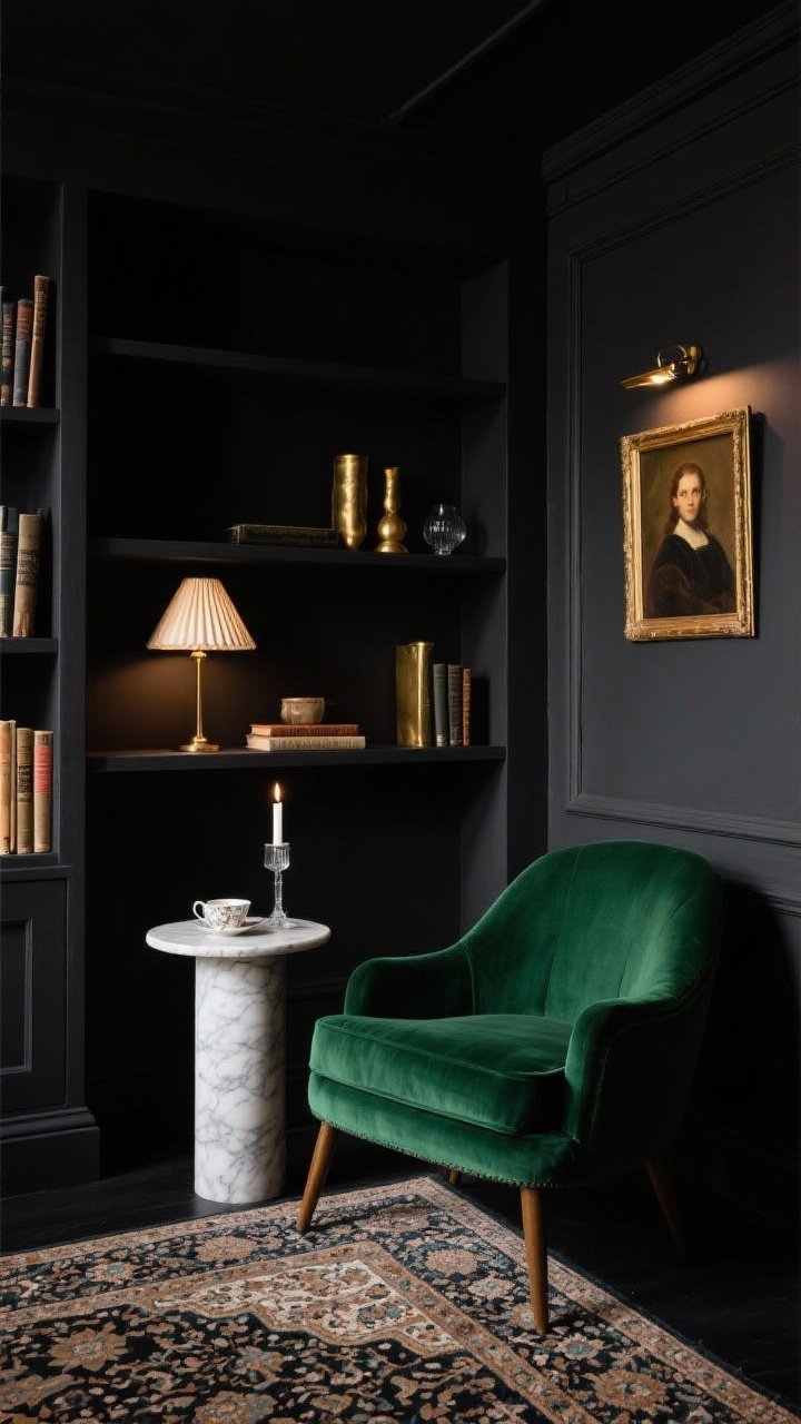 Medium corner angle of a moody alcove library lounge: ink-black matte walls and matte built-ins forming a niche. A low-slung velvet chair in forest green sits on a vintage Persian runner; slim marble pedestal side table for tea/nightcap. Pinpoint brass picture light above shelves and a small pleated-shade lamp casting a warm glow. Accessories: oil-style portrait, brass bookends, smoky glass candle. Palette: charcoal, black, deep green with brass accents. Cinematic, evening ambiance.