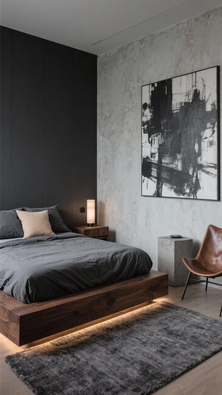 Medium corner angle, Urban Zen: charcoal limewashed accent wall providing depth, a walnut platform bed with slate gray sheets and a smooth charcoal duvet, a single sand-colored pillow breaking the monochrome, low walnut nightstands, a cylindrical bedside sconce casting a focused warm glow, a concrete side table near a leather sling chair, tight-loop graphite rug underfoot; hidden LED strip under the bed emitting a faint perimeter glow; one large grayscale abstract canvas on the wall; moody, sophisticated city-cool atmosphere.