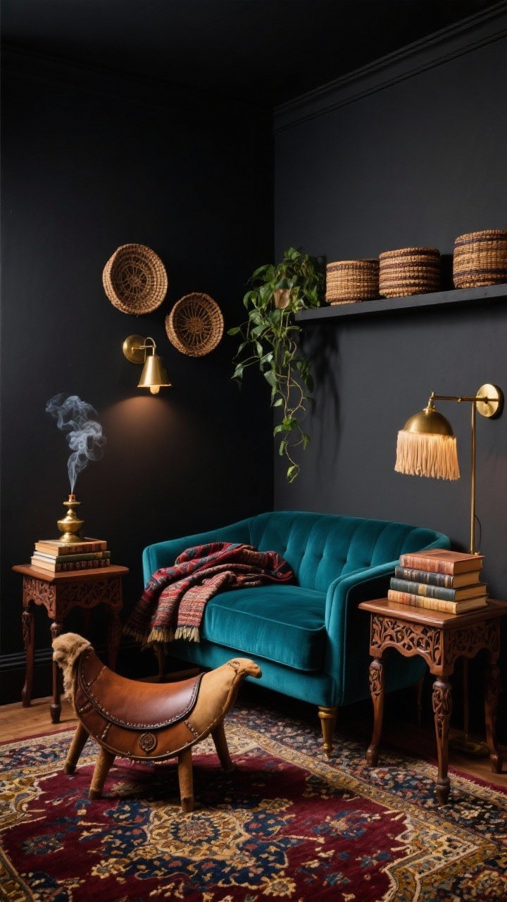 Medium corner shot, Moody Global Collector’s Nook: inky charcoal walls; petite deep teal velvet loveseat; Persian-style rug with burgundy, navy, and gold; carved wood side tables flanking the loveseat; stacked books with a brass incense holder emitting a wisp of smoke; global textiles folded on the arm; camel saddle stool and a trio of handwoven wall baskets; brass task sconce and a fringed table lamp creating moody pools of light; trailing plants on a narrow wall shelf; palette of charcoal, teal, oxblood, brass, walnut; intimate jewel-box atmosphere; no people, photorealistic.
