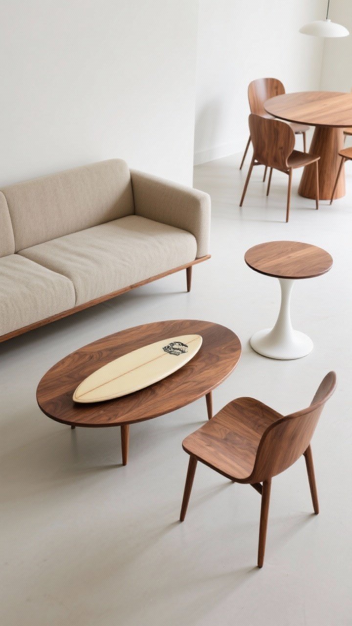Medium corner shot of a compact mid-century seating setup: a 72–80" tight-back sofa on tapered walnut legs, a round walnut coffee table with a surfboard-inspired oval silhouette nearby, an armless slipper chair opposite, and a small tulip pedestal dining table with molded chairs in the background; finishes in walnut/teak/oak, simple neutral upholstery; raised legs that visually float off the floor; bright, even daylight to emphasize negative space and slim frames.
