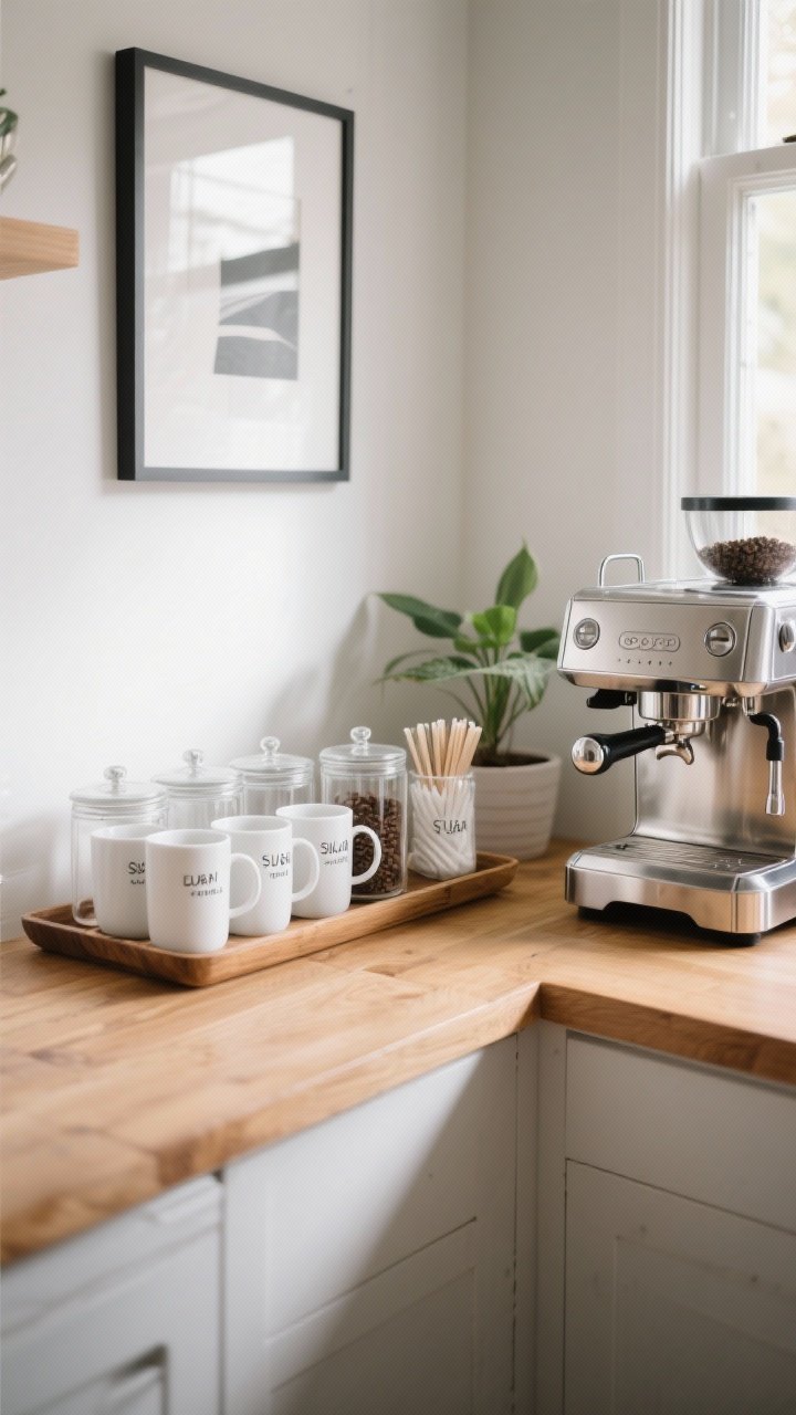 Medium corner shot of a cozy coffee station: a chrome espresso machine on a warm wood tray with neatly arranged white mugs for grab-and-go; matching clear canisters labeled for beans, sugar, and stirrers in the middle zone; a small potted plant and a minimal art print in the back zone for a home coffee shop vibe; tight color palette—white mugs, clear glass, chrome accents, and warm wood; clutter-free, function-first layout under bright but soft morning light from a nearby window.