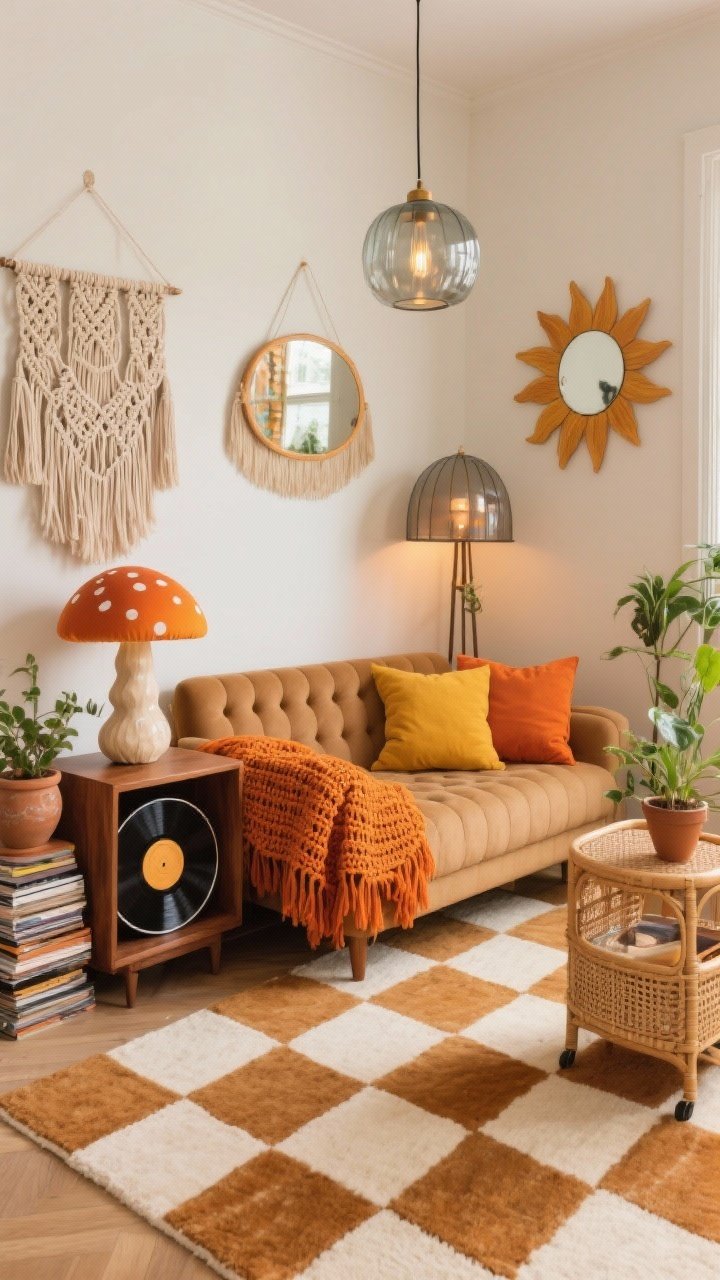Medium corner shot, Retro Boho With 70s Sunshine: compact camel tufted sofa; checkerboard rug in cream and caramel; mustard and burnt orange pillows; crocheted throw; sculptural mushroom lamp on a walnut end table; macramé wall piece with fringe; sunburst mirror, vinyl record stack, ceramic planters; dome floor lamp and smoked-glass pendant lighting; small rattan bar cart doubling as a plant stand; palette of burnt orange, mustard, camel, walnut, cream; playful 70s vibe; no people, photorealistic.