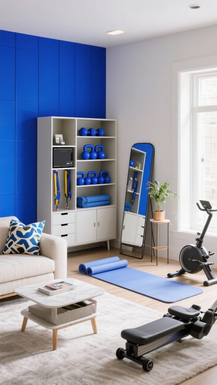 Medium corner view, Color-Pop Multi-Use Living Room Gym: living room with a statement color accent (cobalt) on a narrow wall panel behind the training zone; slim modular storage tower that looks like furniture—closed drawers for tech and straps, open shelves displaying color-matched dumbbells and a neatly rolled mat; folding fitness mirror leaning and swung open; coffee table on casters slid aside; tri-fold mat defining the workout area; compact rower standing upright nearby; decor ties the palette with graphic print pillows and a plant stand; bright, cheerful lighting and intentional multi-use styling, photorealistic.