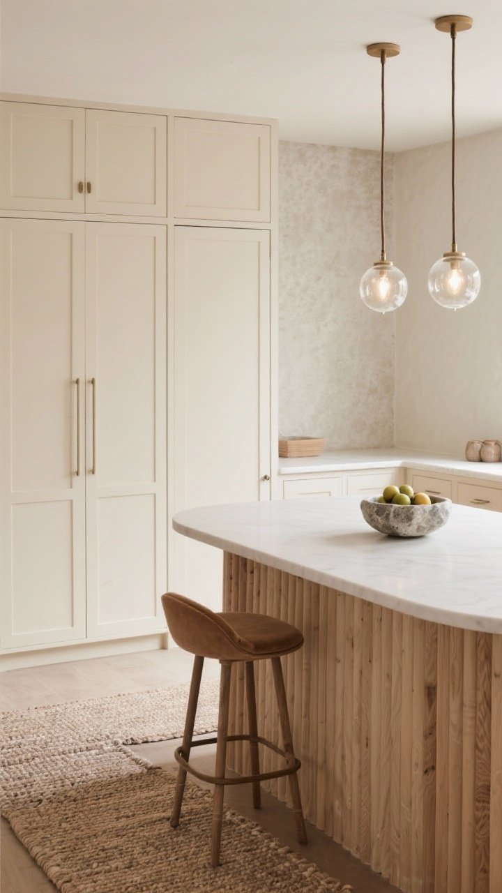 Medium detail on textures: Fluted wood panels on an island front (or tall pantry door) contrasted with smooth cream cabinets, a rounded-edge warm white countertop, velvety matte micro-cement backsplash, pair of globe glass pendants glowing softly, a curved backless stool tucked in, a stone fruit bowl, and a neutral handwoven rug grounding the scene; tactile, refined, quiet luxury.