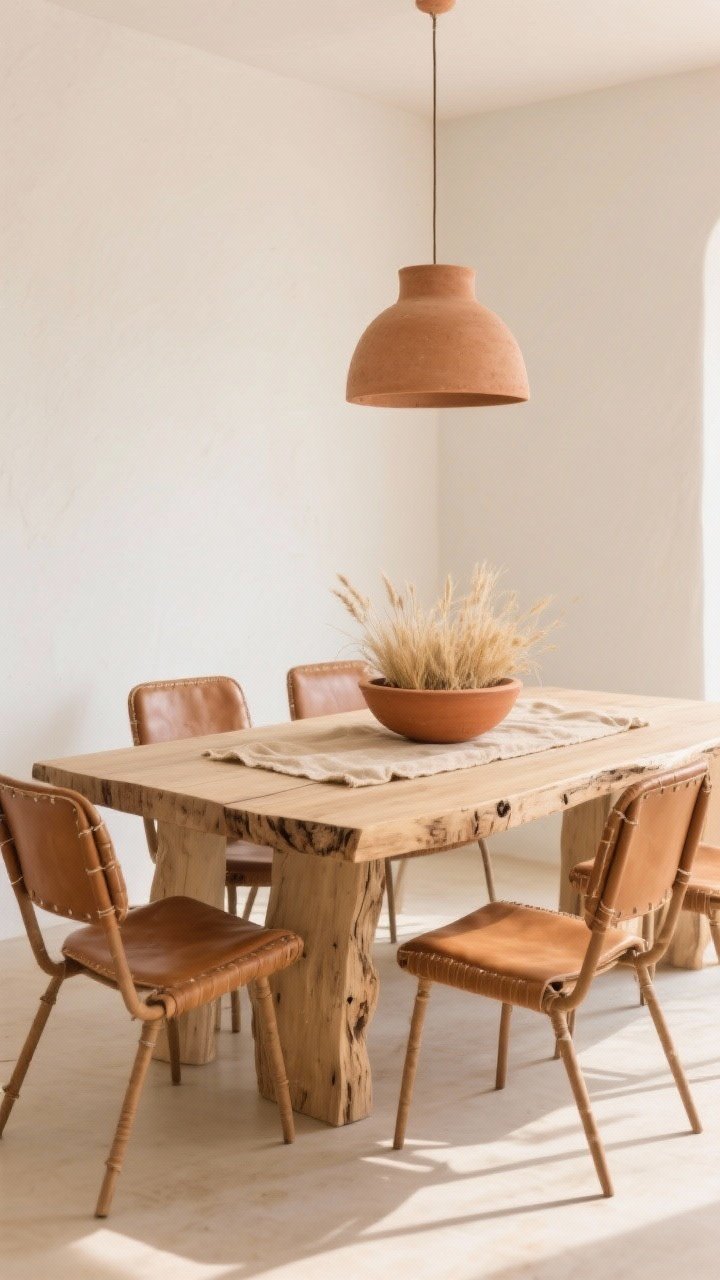 Medium dining scene with desert warmth: sand-toned wood slab dining table (live edge) surrounded by tan leather sling chairs showing light patina; neutral clay pendant overhead; centerpiece is a long terracotta bowl filled with dried grasses on a warm beige linen runner; creamy white walls bouncing light; palette of sand, tan leather, terracotta, cream; inviting sun-baked mood, straight-on view, photorealistic.