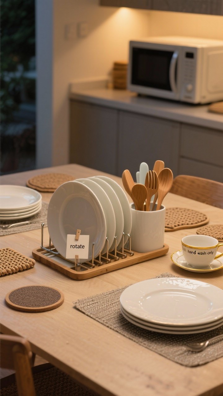 Medium dining table scene focused on daily habits: freshly rinsed plates in a rack preventing stains, a small caddy of wooden and silicone utensils to avoid metal marks, a neat stack of plates with a “rotate” reminder card clipped to the side. Trivets and textured placemats arranged for serving, and a ceramic-safe sanding pad placed near an upturned plate showing its smoothed base. Off to the side, a gold-rimmed teacup labeled “hand-wash only” away from a microwave. Warm evening ambient light, photorealistic, angled from table corner.