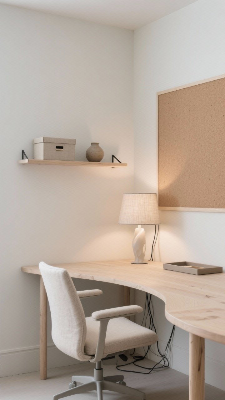 Medium home office, soft minimal: curved-edge desk in pale wood with a linen-upholstered task chair; wall-mounted slim floating shelf holding two neutral storage boxes and a single ceramic object; gentle lighting from a fabric-shade table lamp (or sculptural LED sconce) creating a quiet glow; cables hidden via tray; cork-board panel covered in natural linen on the side wall; palette of pale wood, cream, soft gray; calm productivity mood; corner angle, photorealistic.